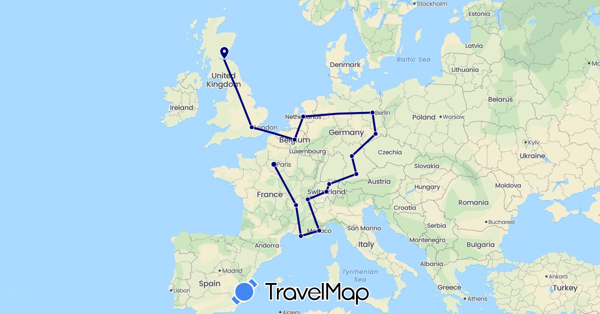 TravelMap itinerary: driving in Belgium, Switzerland, Germany, France, United Kingdom, Monaco, Netherlands (Europe)